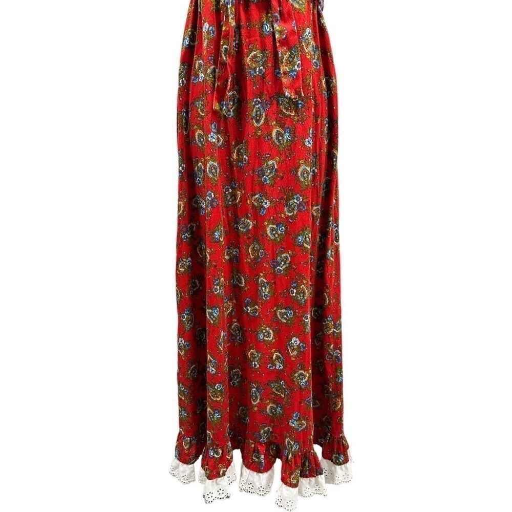 Vintage 1970s Handmade Floral Lace Prairie Maxi Dress Red Ruffle Sleeve Sz S - Picture 5 of 13